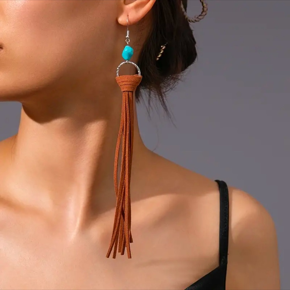 Boho Turquoise & Silver Leather Tassel Hanging Earrings!